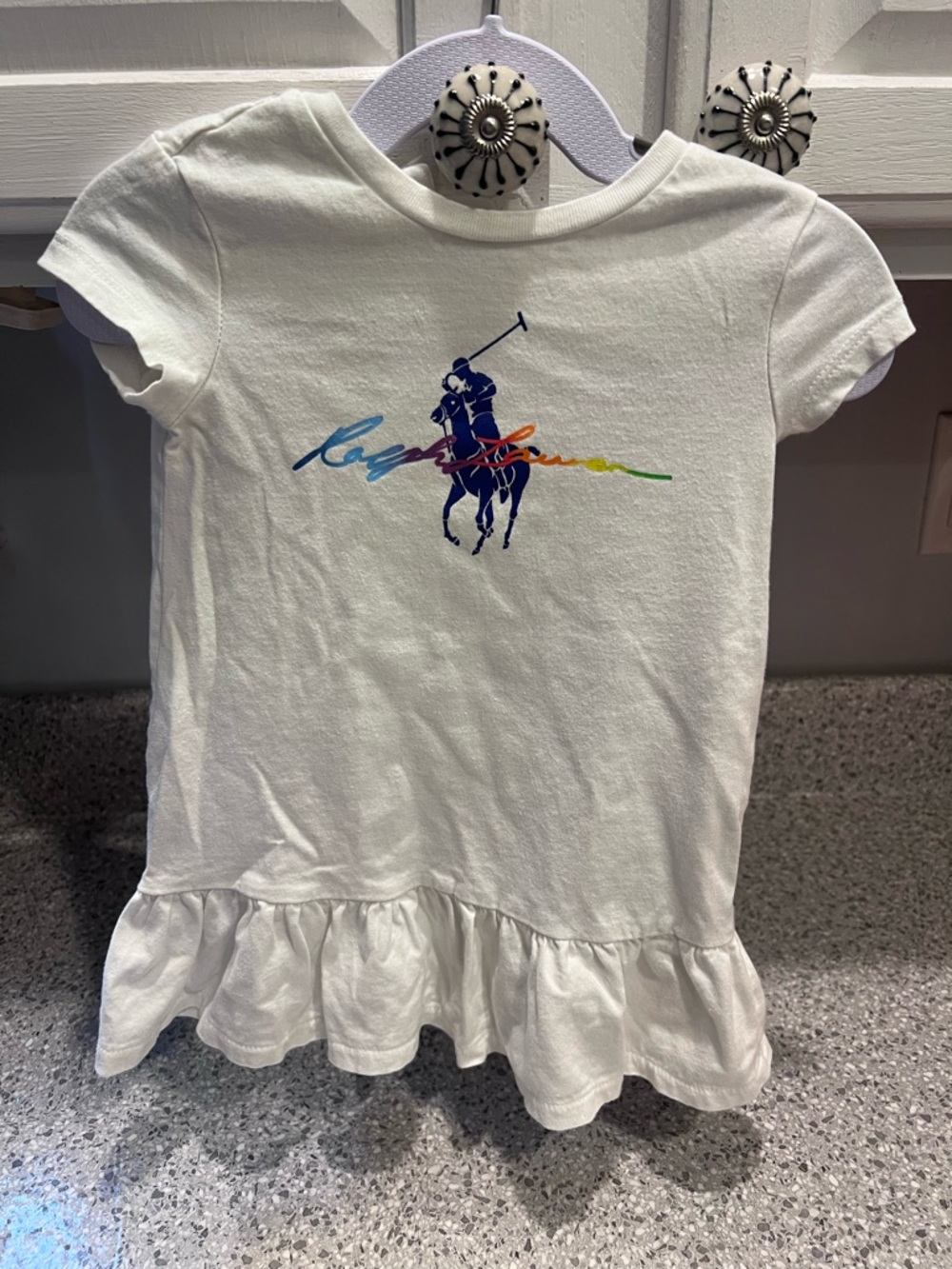 Ralph Lauren White Short-Sleeve Ruffle-Hem Tee with Rainbow Logo